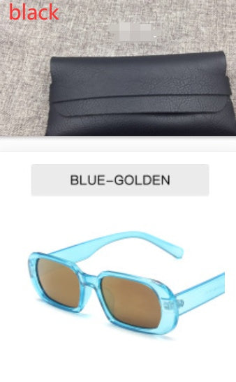 VaultHaus Retro Small Frame Sunglasses blue translucent frames with golden brown lenses and black leather case