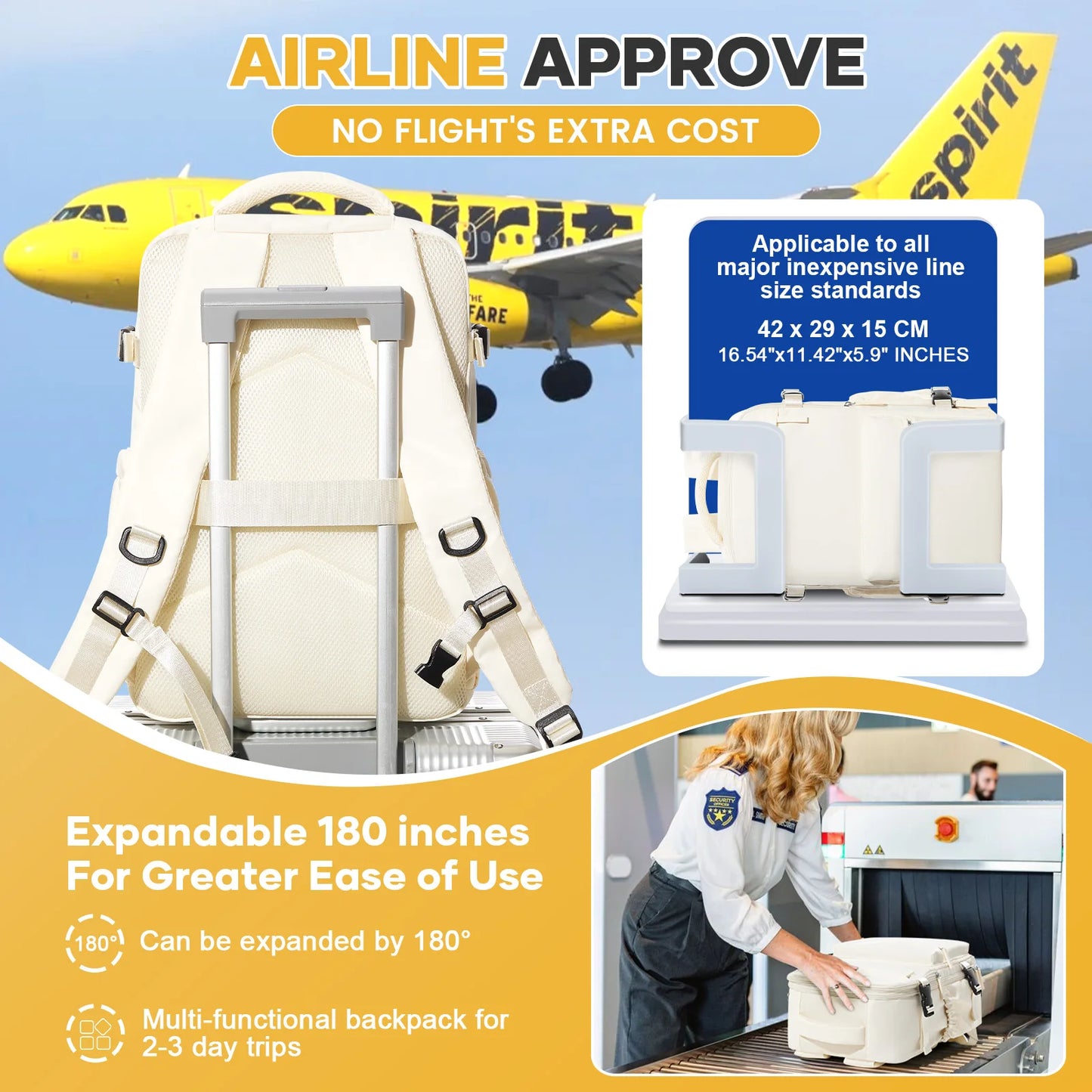 VaultHaus vacuum carry on travel backpack 40x20x25 shown with expandable feature and airline approval next to yellow airplane