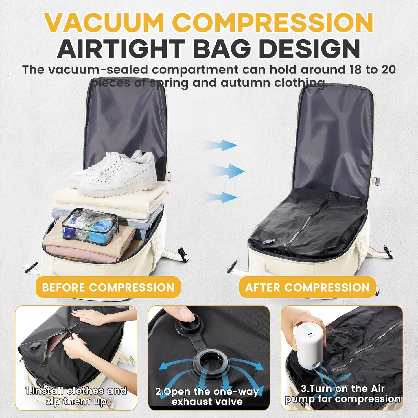 VaultHaus vacuum carry on travel backpack 40x20x25 showing airtight bag design with before and after vacuum compression images