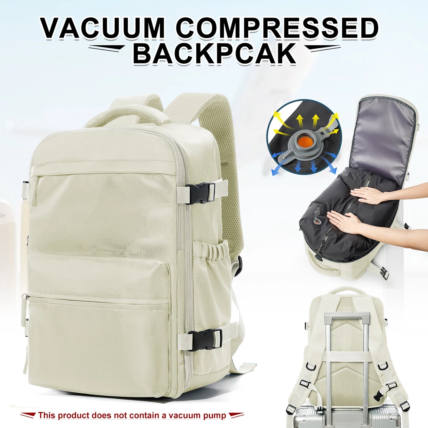 VaultHaus vacuum carry on travel backpack 40x20x25 beige with vacuum compressed feature and luggage strap