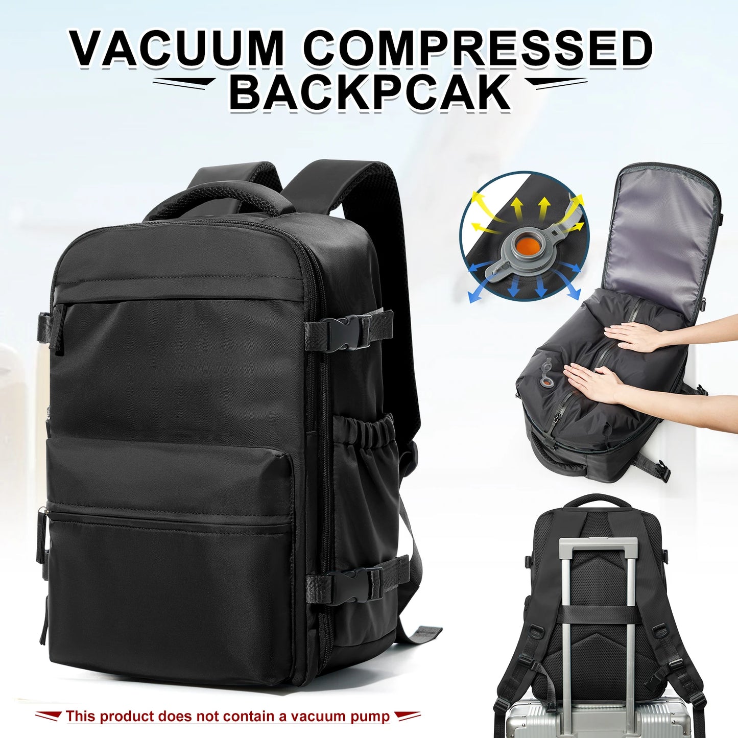 VaultHaus black vacuum carry on travel backpack 40x20x25 with multiple compartments and strap for luggage handle