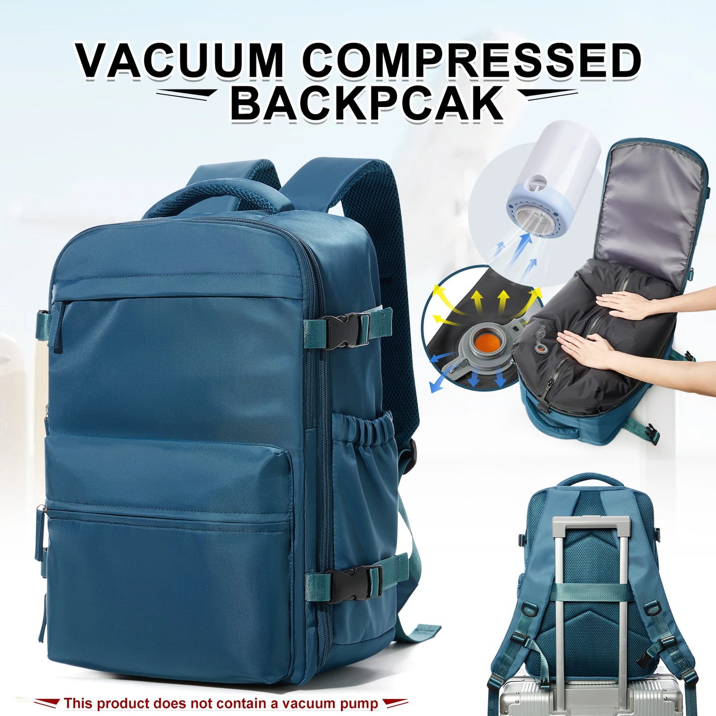 VaultHaus vacuum carry on travel backpack 40x20x25 in blue with vacuum compression feature and luggage strap