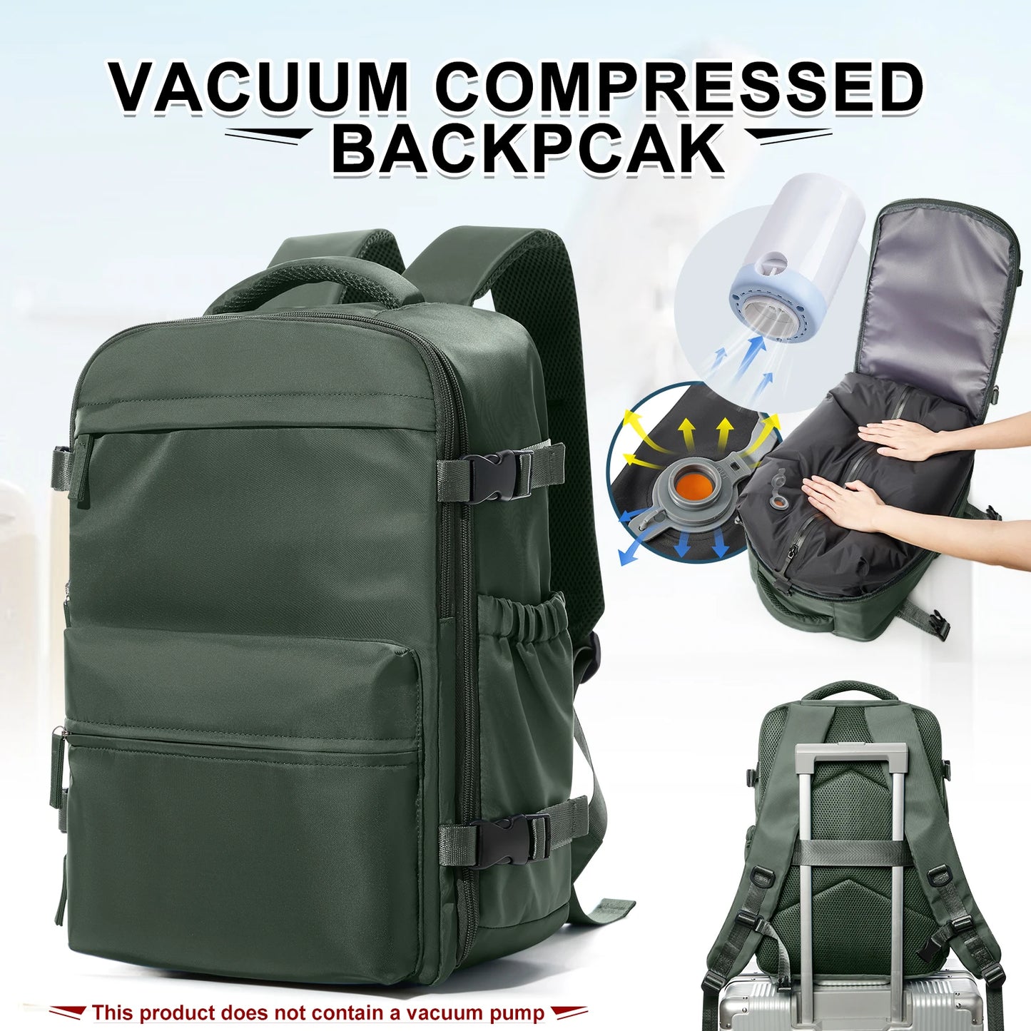 VaultHaus vacuum carry on travel backpack 40x20x25 in green with vacuum compression and luggage strap