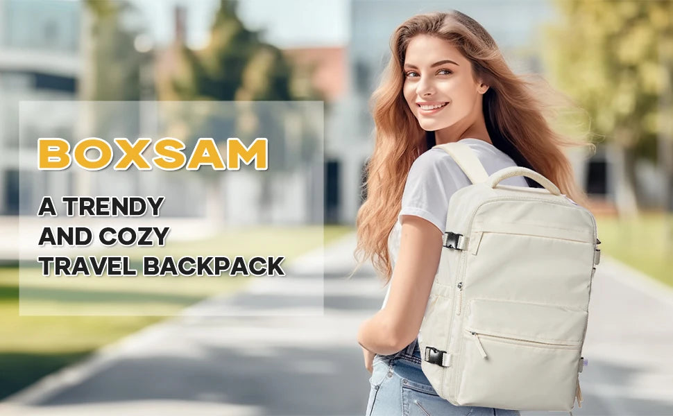 Woman wearing VaultHaus vacuum carry on travel backpack 40x20x25 in beige outdoors