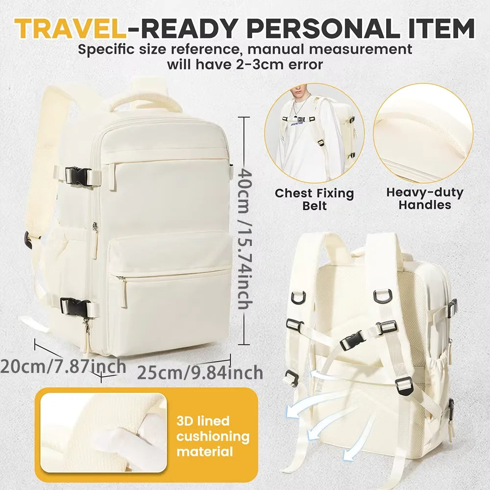VaultHaus vacuum carry on travel backpack 40x20x25 in white with chest belt, heavy-duty handles, and 3D cushioning