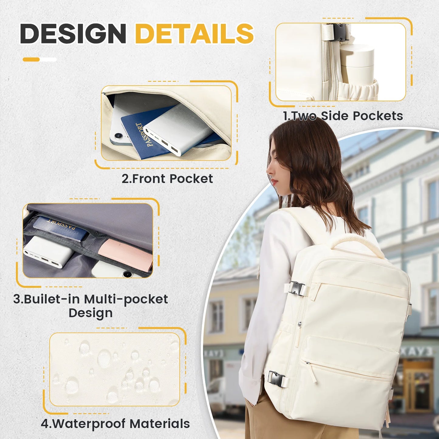 VaultHaus vacuum carry on travel backpack 40x20x25 in cream with multiple pockets and waterproof materials
