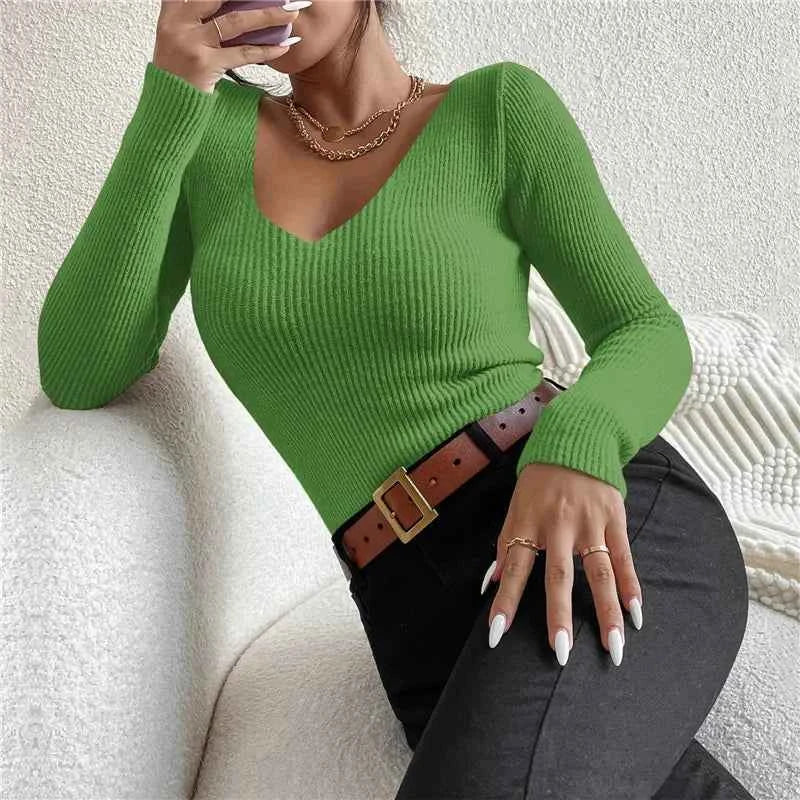 Femme Casual Jersey Rib Knit V-Neck Top