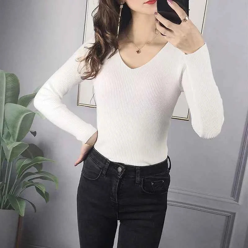 Femme Casual Jersey Rib Knit V-Neck Top