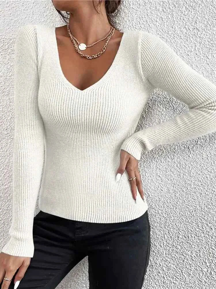 Femme Casual Jersey Rib Knit V-Neck Top