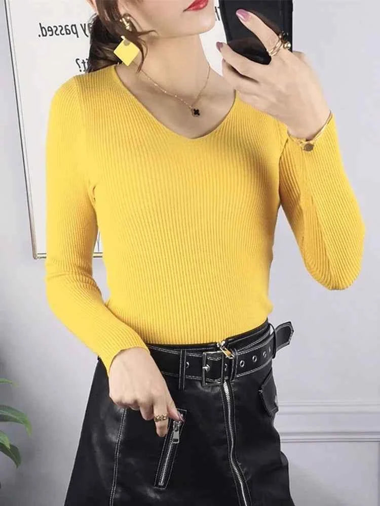Femme Casual Jersey Rib Knit V-Neck Top