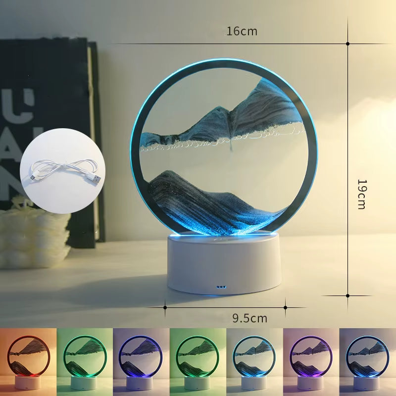 LED moving sand art lamp creating a calming 3D sandscape with vibrant colors for home decor