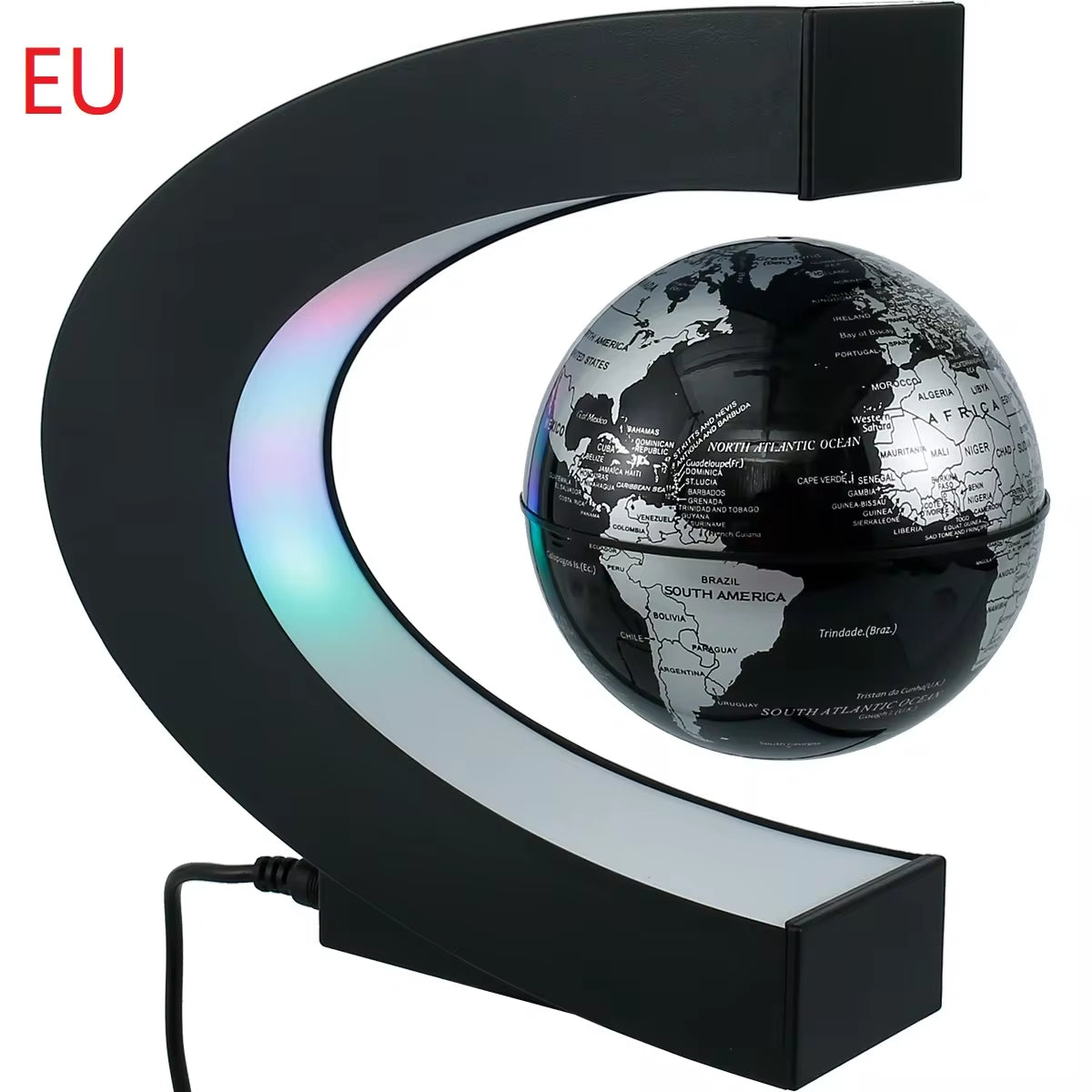 Magnetic levitation world map globe with LED light, rotating in O/C shape as a unique bedside lamp
