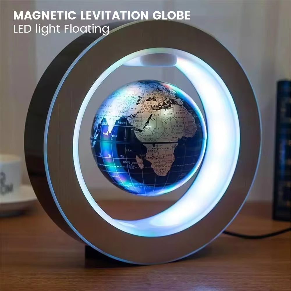 Magnetic levitation world map globe floating in an LED light display for home decor