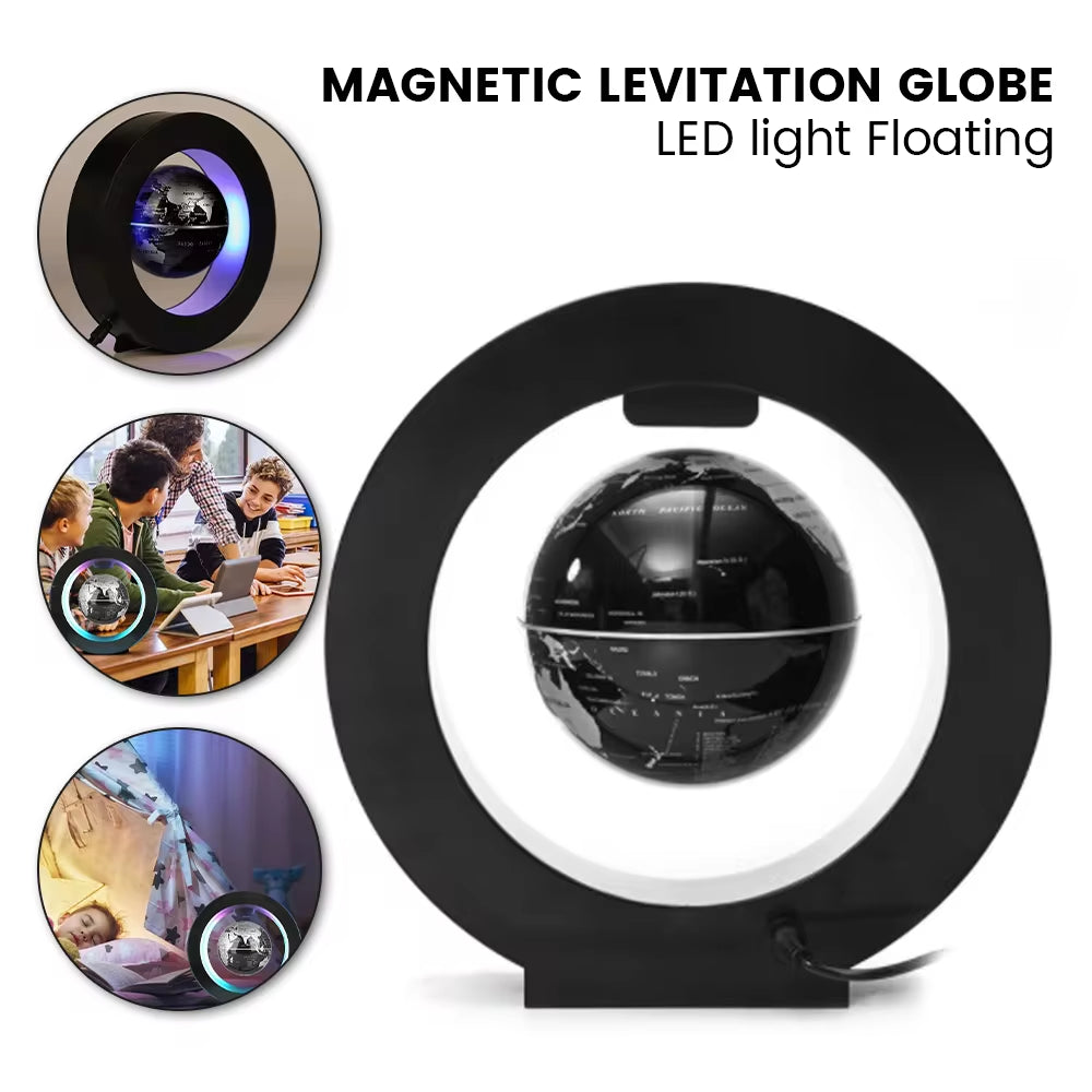 Magnetic levitation world map globe lamp rotating in an O/C shape base with LED light for unique home decor