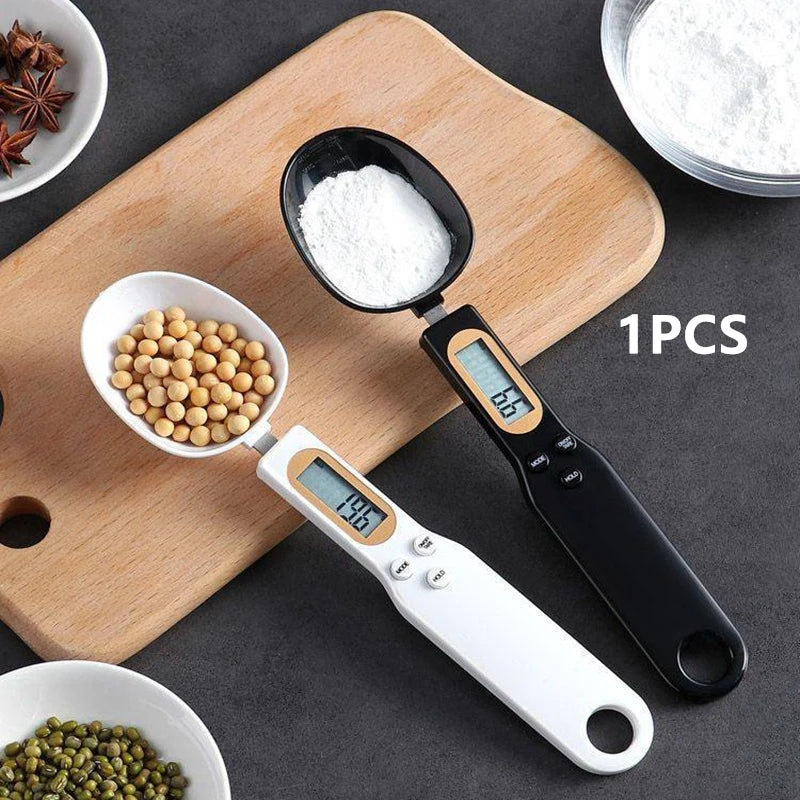Mini electronic spoon scale for precise measuring of flour and ingredients in kitchen