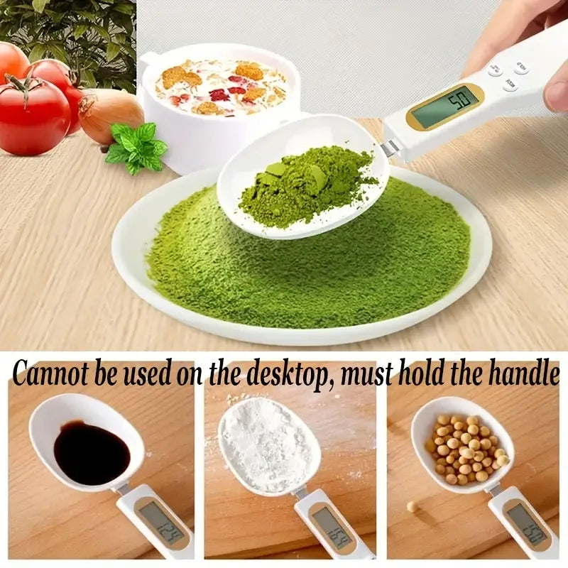 Mini electronic spoon scale displaying 57 grams of green powder on a plate with kitchen ingredients in the background