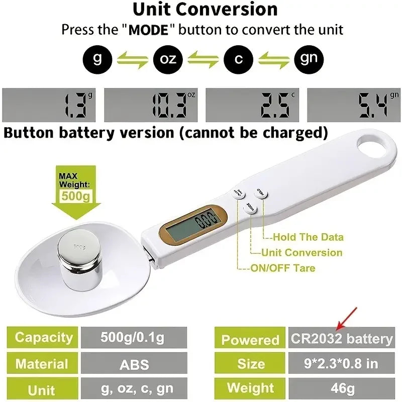 Mini electronic spoon scale with LCD display for measuring food, flour, milk, and coffee accurately up to 500g