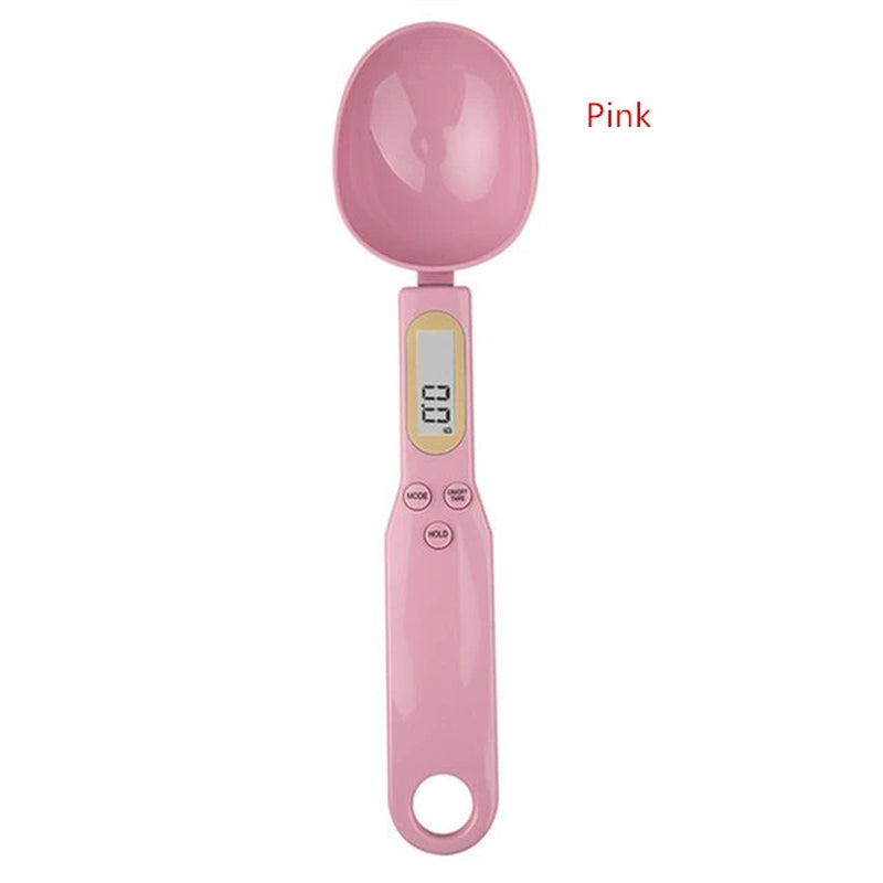 Mini electronic spoon scale in pink for precise food measuring, perfect for flour, milk, and coffee.