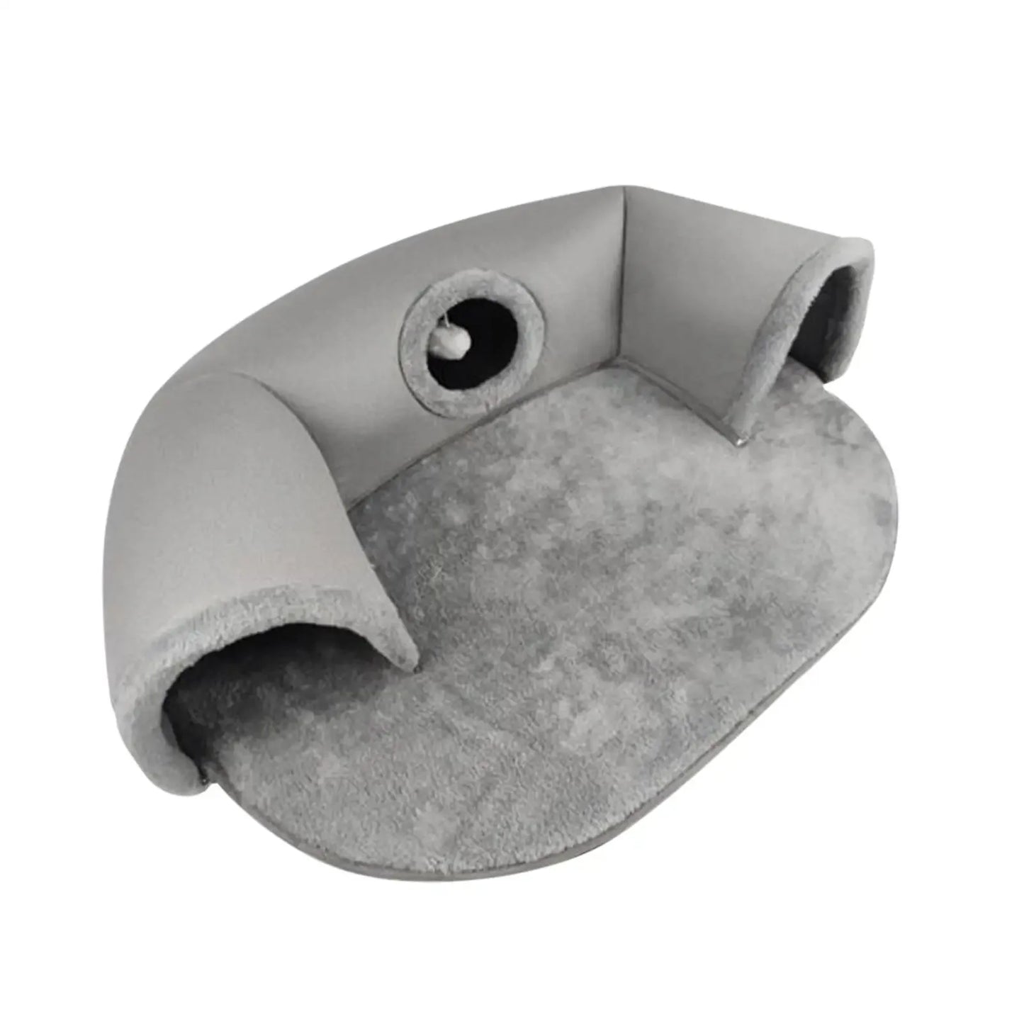 Cozy gray pet house for kittens with soft cushions and a playful peek-a-boo hole