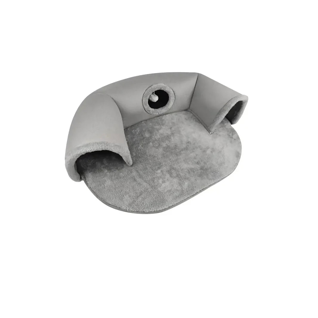 Cozy pet house for kittens with soft gray cushion and playful hideaway design