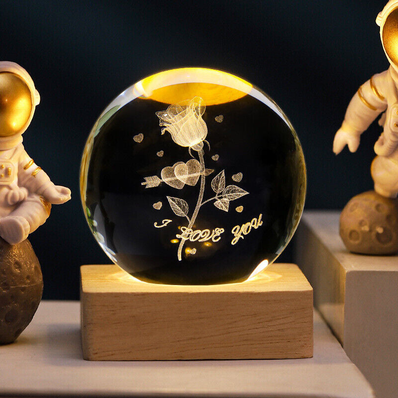 Crystal Planetary Bedside Lamp with Glowing Astronaut Ball and I Love You Design for Home Decor