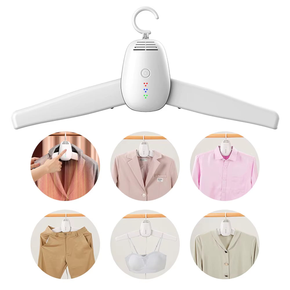 Smart clothes dryer with hanger for efficient drying of garments, ideal for travel and outdoor use
