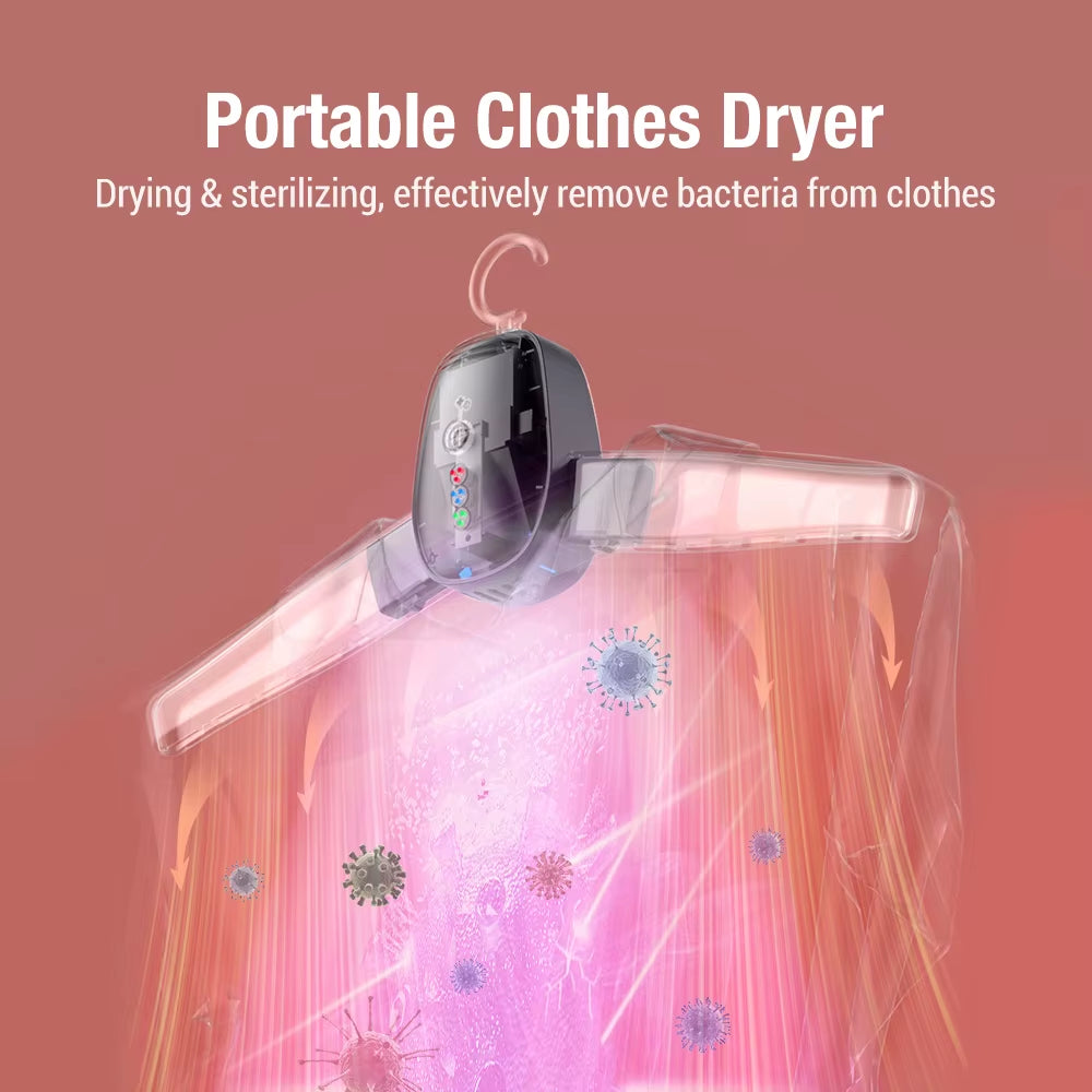 Smart clothes dryer with hanger for portable drying and sterilizing of garments and shoes