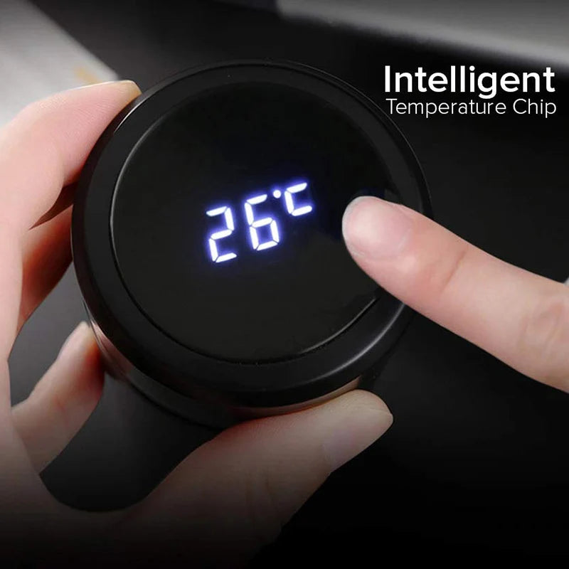 LCD temperature display on a smart stainless steel water bottle showing current temperature for hot and cold drinks