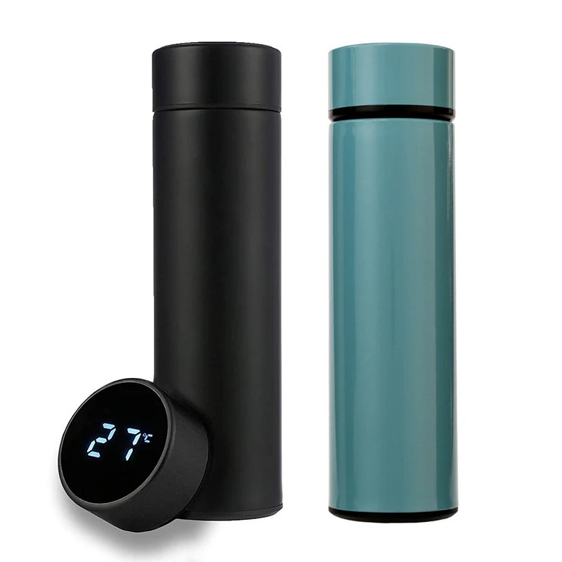 Smart stainless steel water bottle in black and teal with LCD temperature display and double-walled insulation
