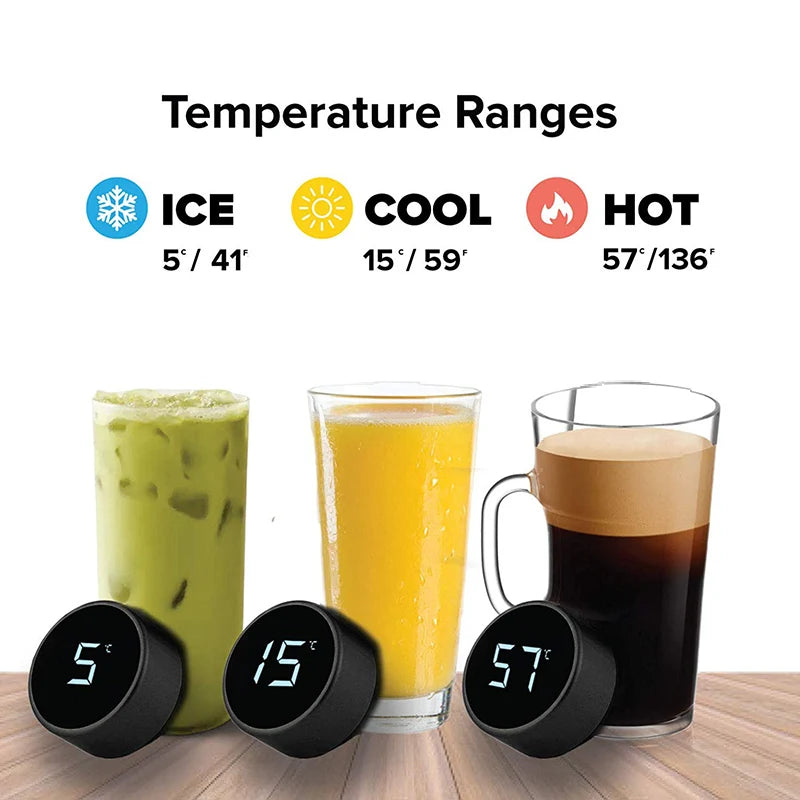 Smart stainless steel water bottle with LCD display showing temperature ranges for hot and cold beverages