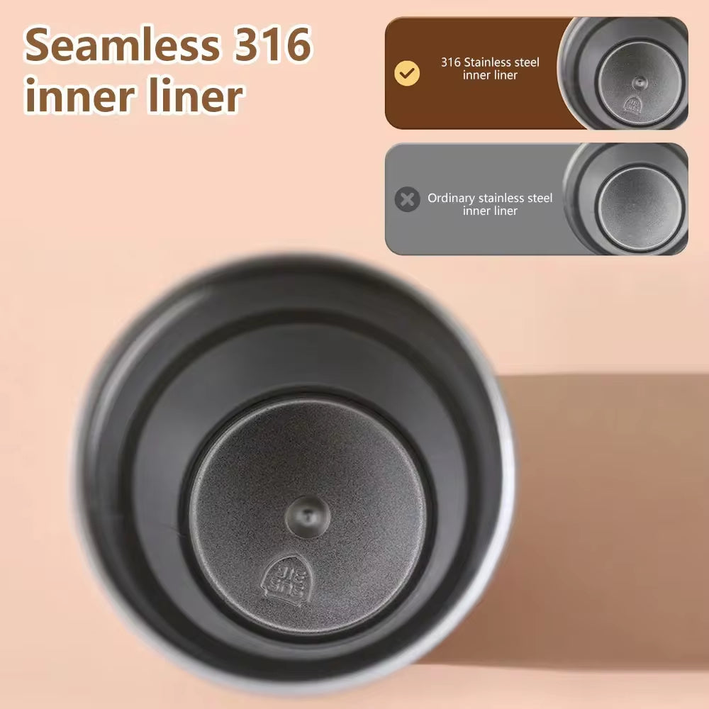 Smart thermos bottle with LED display showing seamless 316 stainless steel inner liner for durability