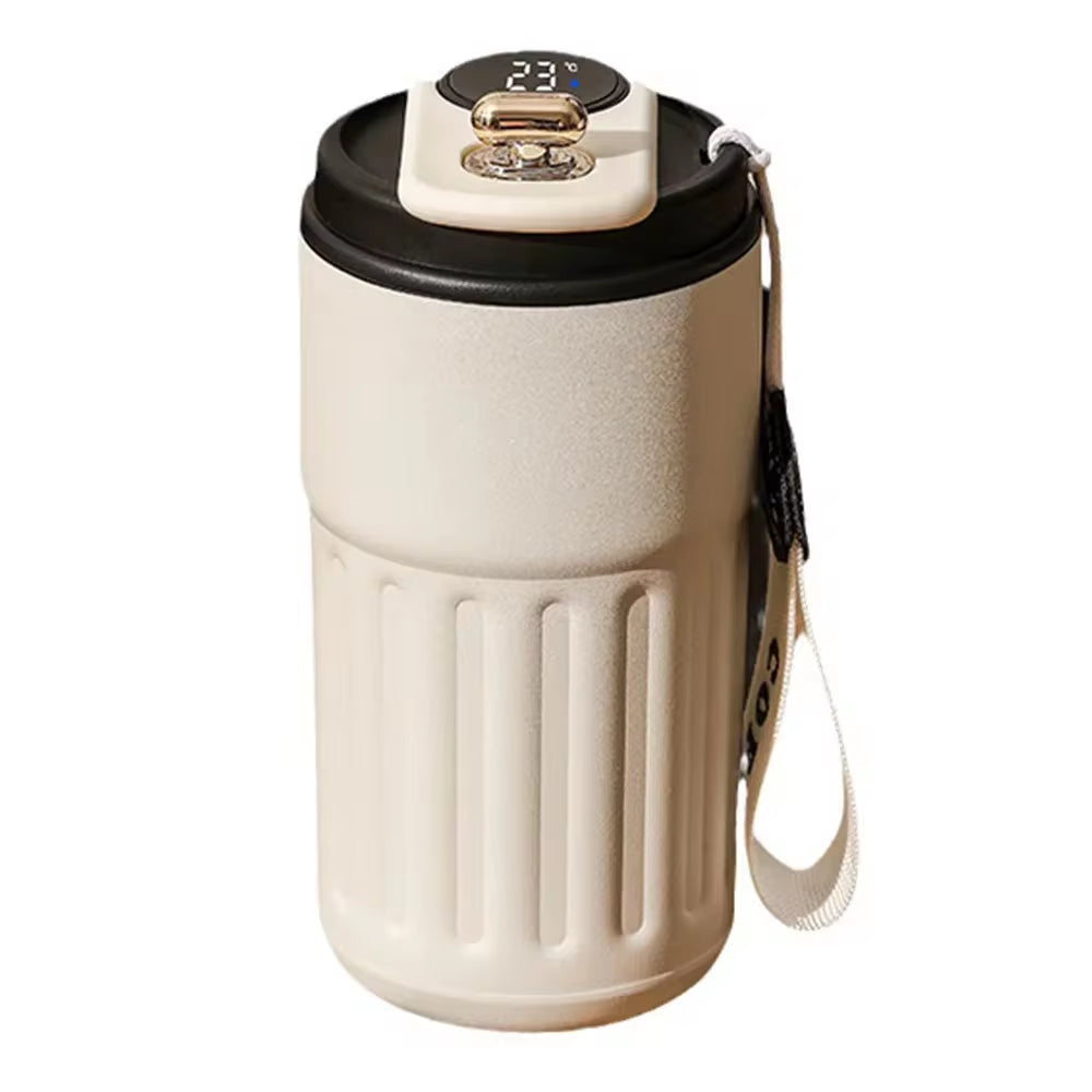 Smart thermos bottle with LED display featuring a sleek design and portable vacuum insulated construction