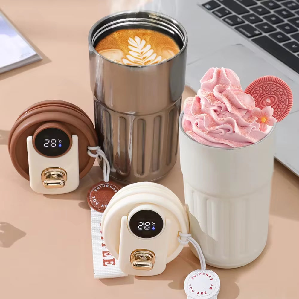 Smart thermos bottle with LED display in a stylish design, perfect for hot and cold beverages at home or on the go