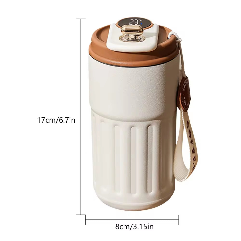 Smart thermos bottle with LED display featuring a stylish design and portable vacuum insulation for beverages