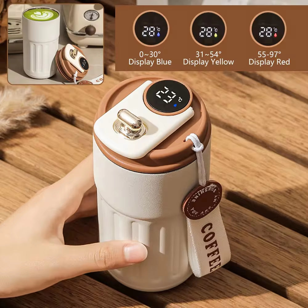 Smart thermos bottle with LED display showing temperature, made of 316 stainless steel, perfect for hot or cold beverages
