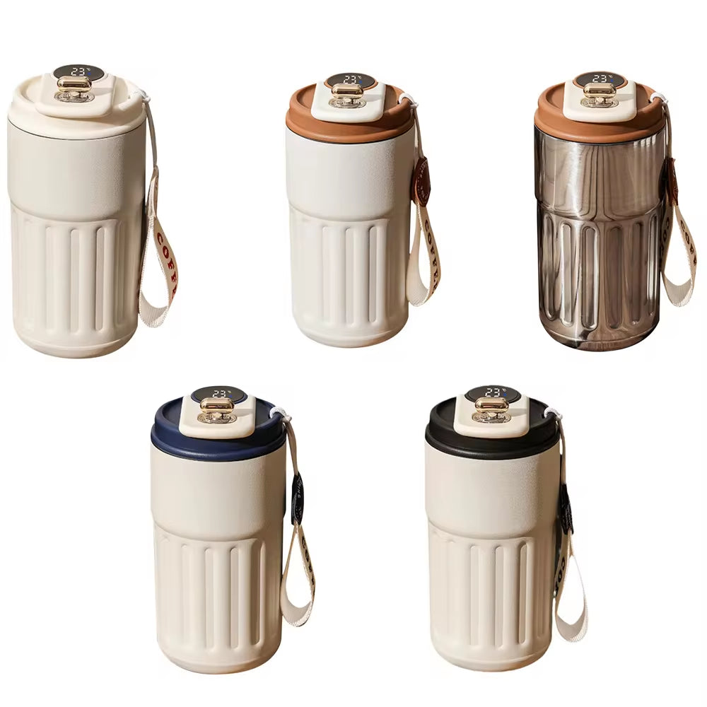 Smart thermos bottle with LED display in five colors, perfect for hot or cold beverages on the go