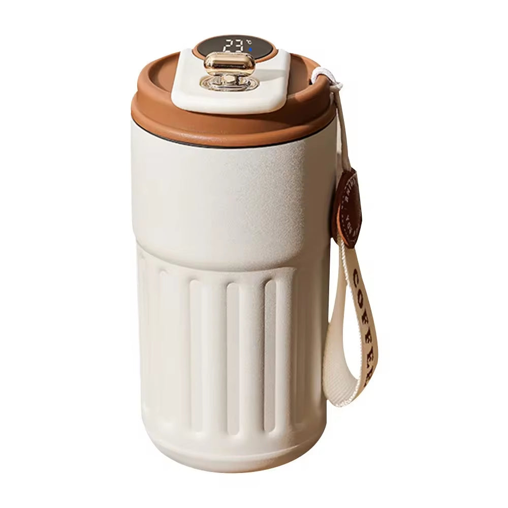 Smart thermos bottle with LED display in white and brown, perfect for portable hot beverages