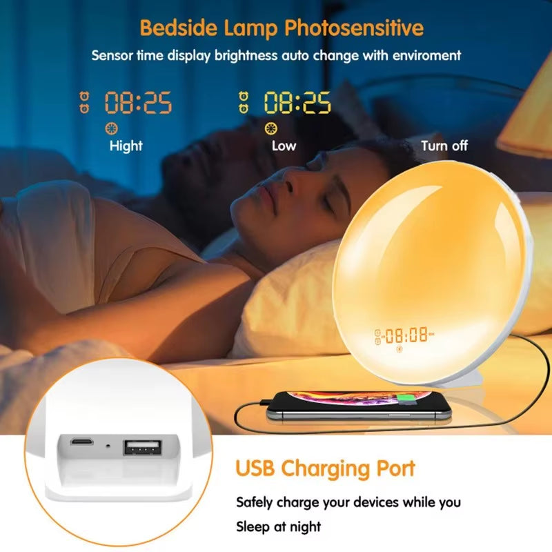 Sunrise simulation alarm clock with colorful atmosphere light and FM radio, featuring relaxed natural sound tunes