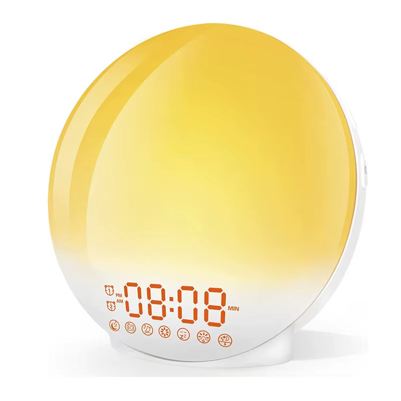 Sunrise simulation alarm clock with colorful atmosphere light and FM radio for a relaxing wake-up experience