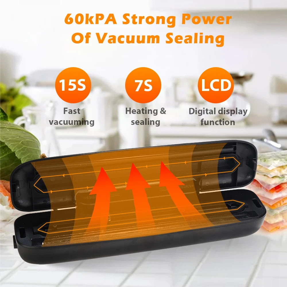 VaultHaus vacuum sealer with bags included, featuring fast vacuuming and digital display for efficient food storage