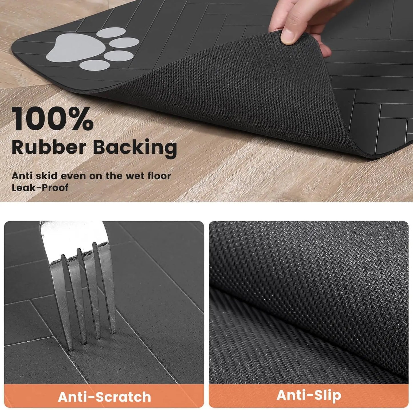Waterproof pet placemat for dogs and cats with anti-slip rubber backing for food and water bowls