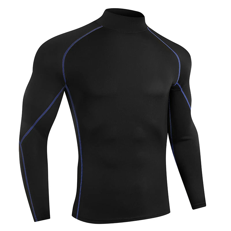 VaultHaus compression gym shirt for men in black with blue stitching for optimal performance