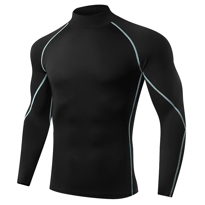 VaultHaus Compression Gym Shirt for Men in Black with Long Sleeves and Contrast Stitching