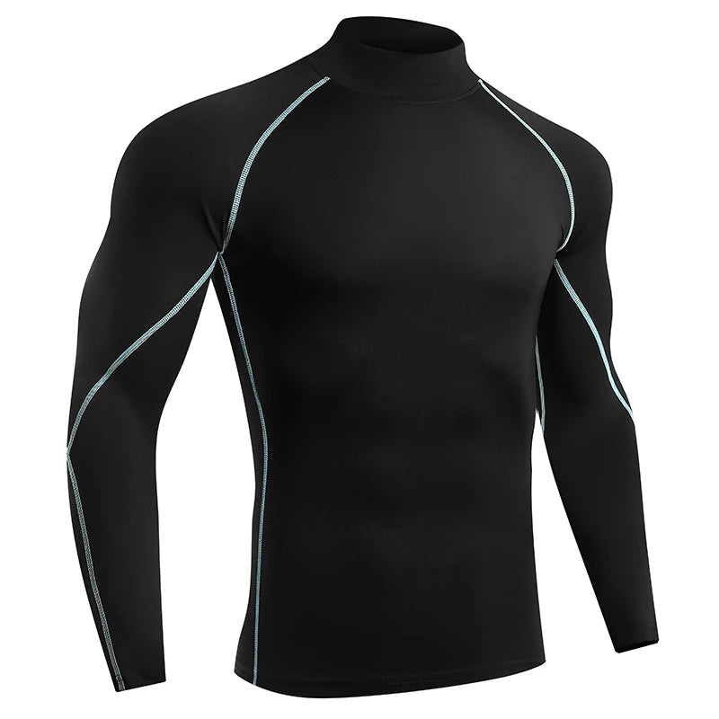 VaultHaus compression gym shirt for men in black with light blue accents and long sleeves