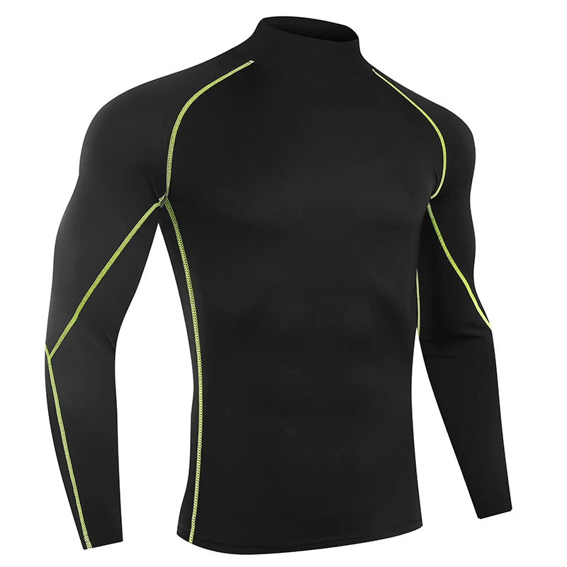 VaultHaus Compression Gym Shirt for Men in Black with Neon Green Stitching and Long Sleeves
