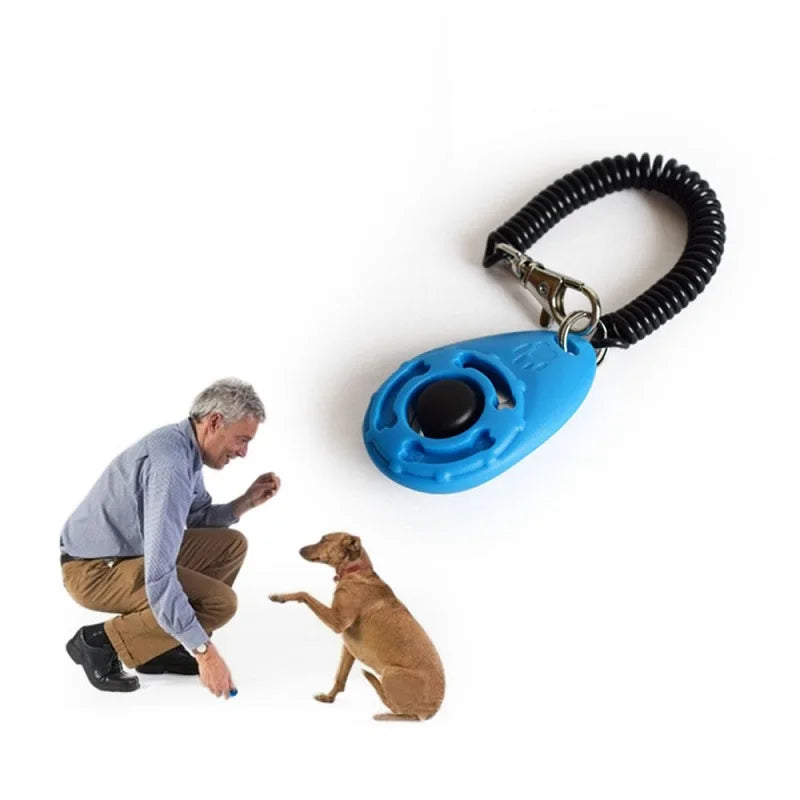 VaultHaus dog training clicker in blue with a coiled wrist strap for effective dog training