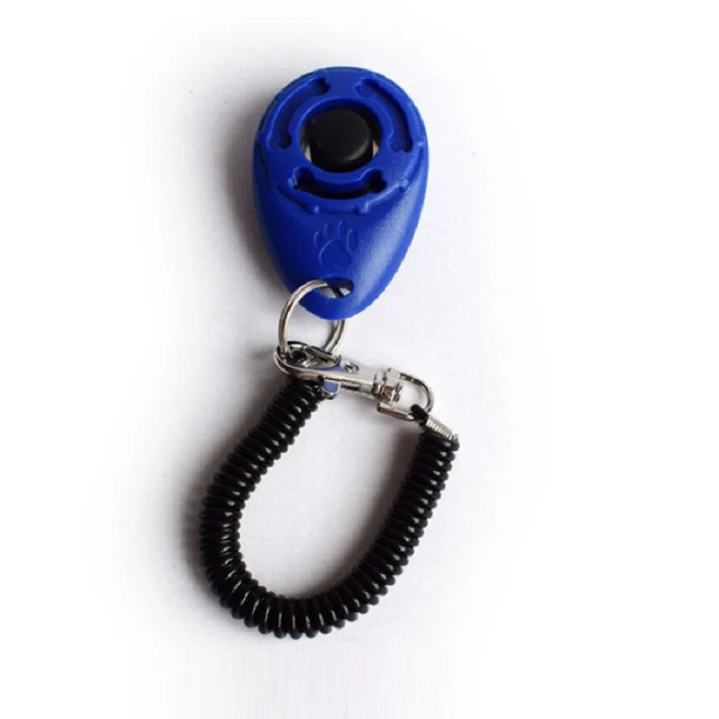 Blue VaultHaus dog training clicker with a coiled wrist strap for easy handling during training sessions