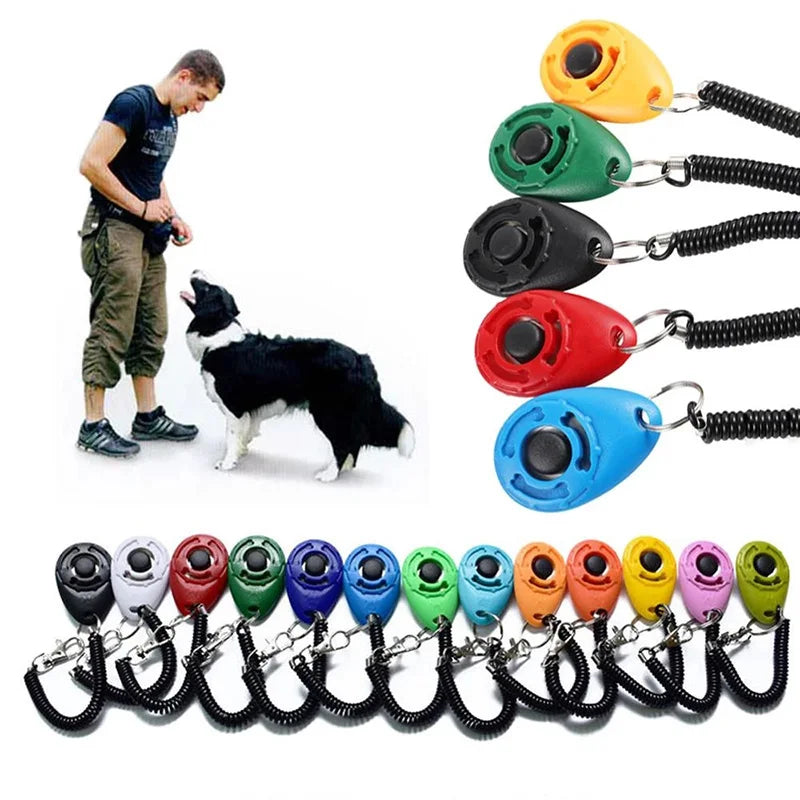 VaultHaus dog training clicker sets in various colors with a trainer and his dog for effective training