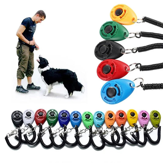 VaultHaus dog training clicker sets in various colors with a trainer and his dog for effective training