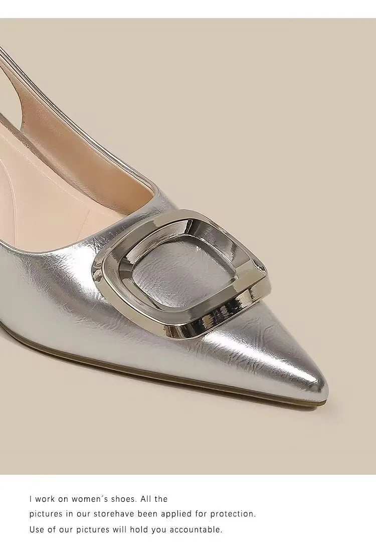Stylish VaultHaus elegant slingback shoes with metallic buckle detail and pointed toe design